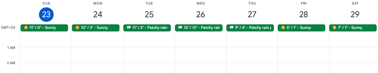Slik legger du vær til Google Kalender - forhåndsvisning av værkalender med 7-dagers varsel, daglig temperatur og forhold